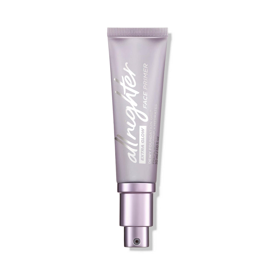Urban Decay All Nighter Extra Glow front bottle showing packaging and easy-pump benefit