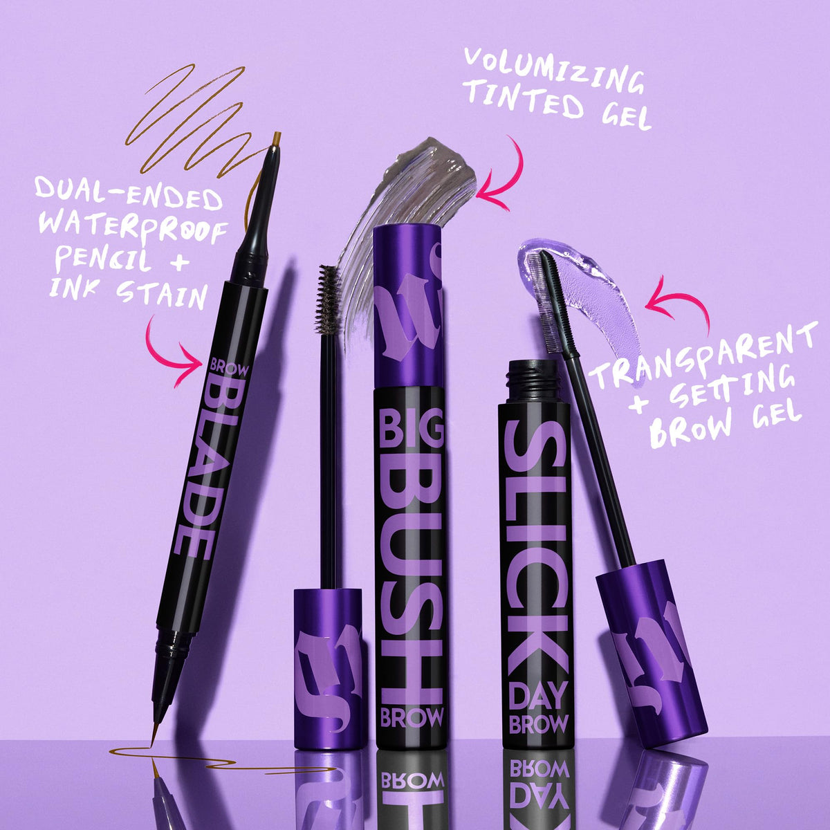 Urban Decay Brow Blade on vanity with makeup tools portraying travel-ready, smudge-proof brows