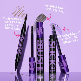 Urban Decay Brow Blade on vanity with makeup tools portraying travel-ready, smudge-proof brows