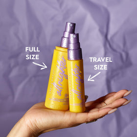 Urban Decay in bag travel-size scene illustrating portability and on-the-go refresh benefit