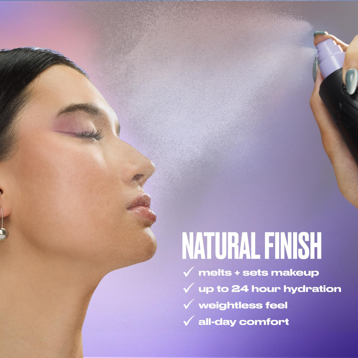 Hand-held Urban Decay spray cooling skin while hydrating and setting makeup
