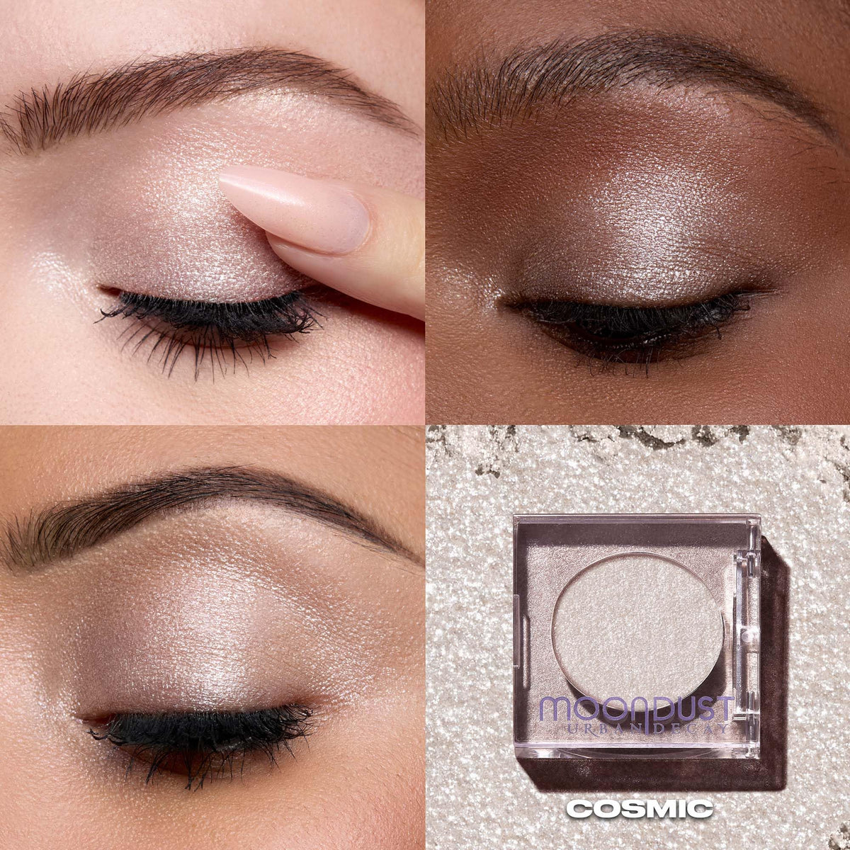 Urban Decay closeup of Moondust powder revealing micro‑fine glitter texture for smooth sparkle