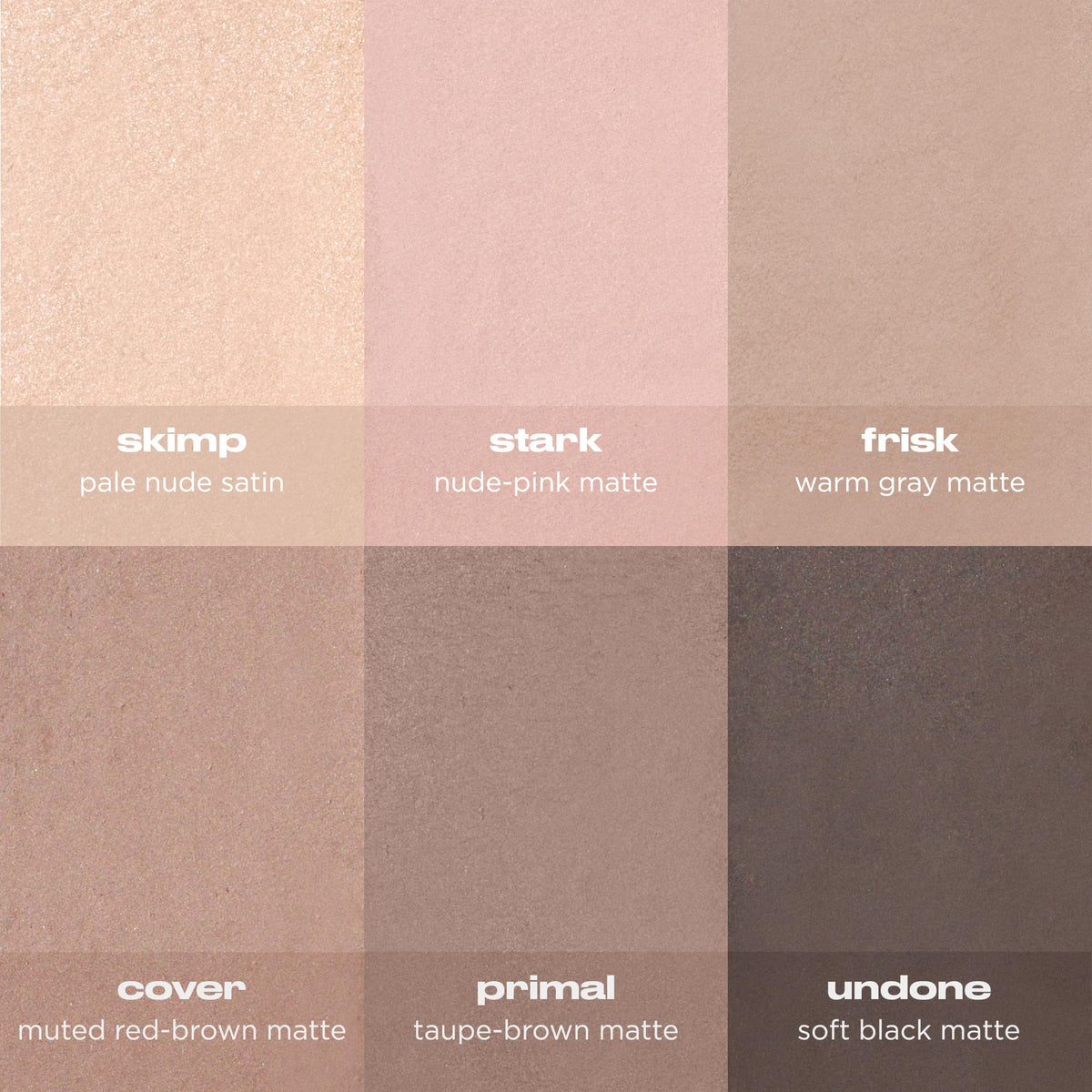 URBAN DECAY arm swatches of six cool matte shades showing true pigmentation and payoff