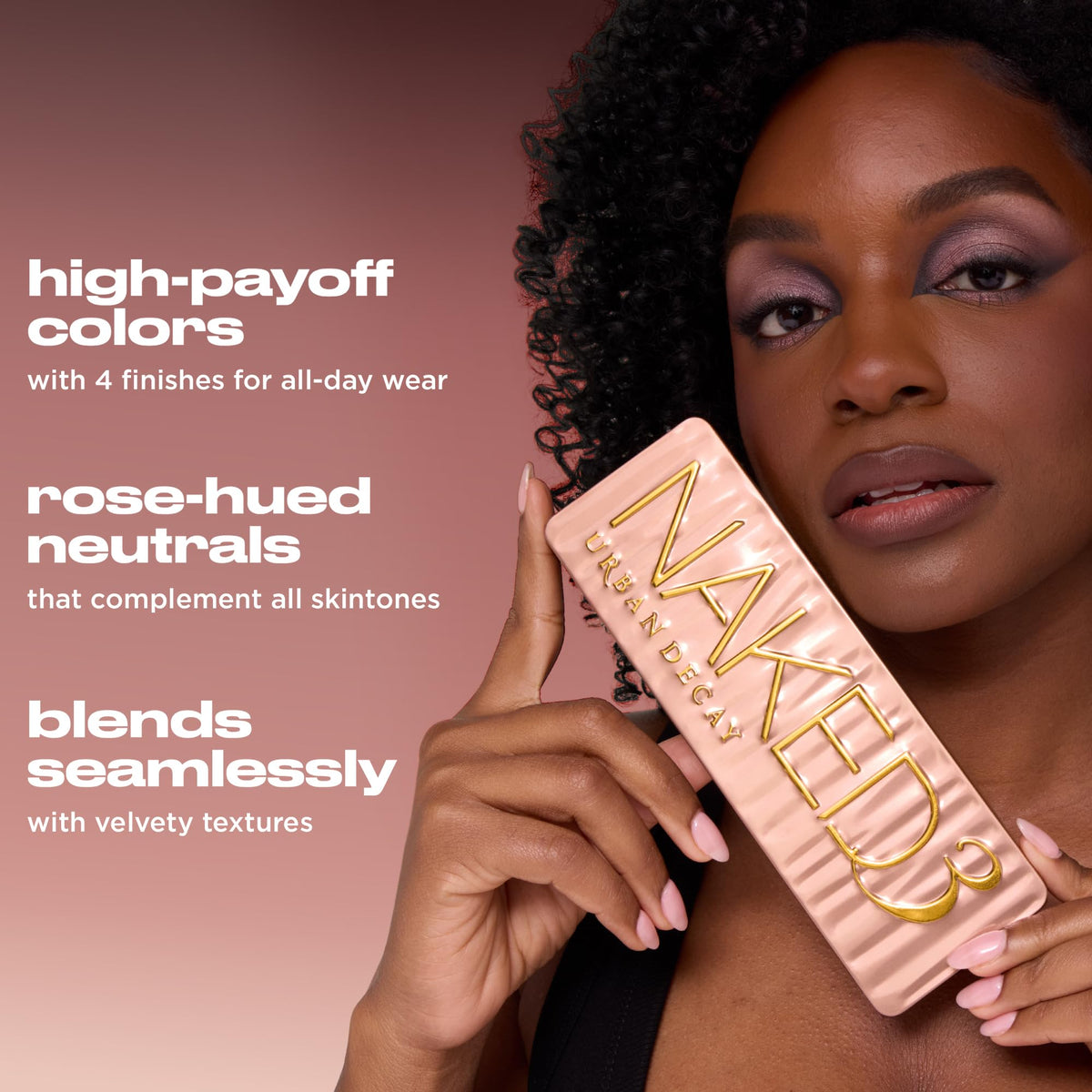 URBAN DECAY Naked 3 open palette showing 12 rose-toned pans for versatile looks