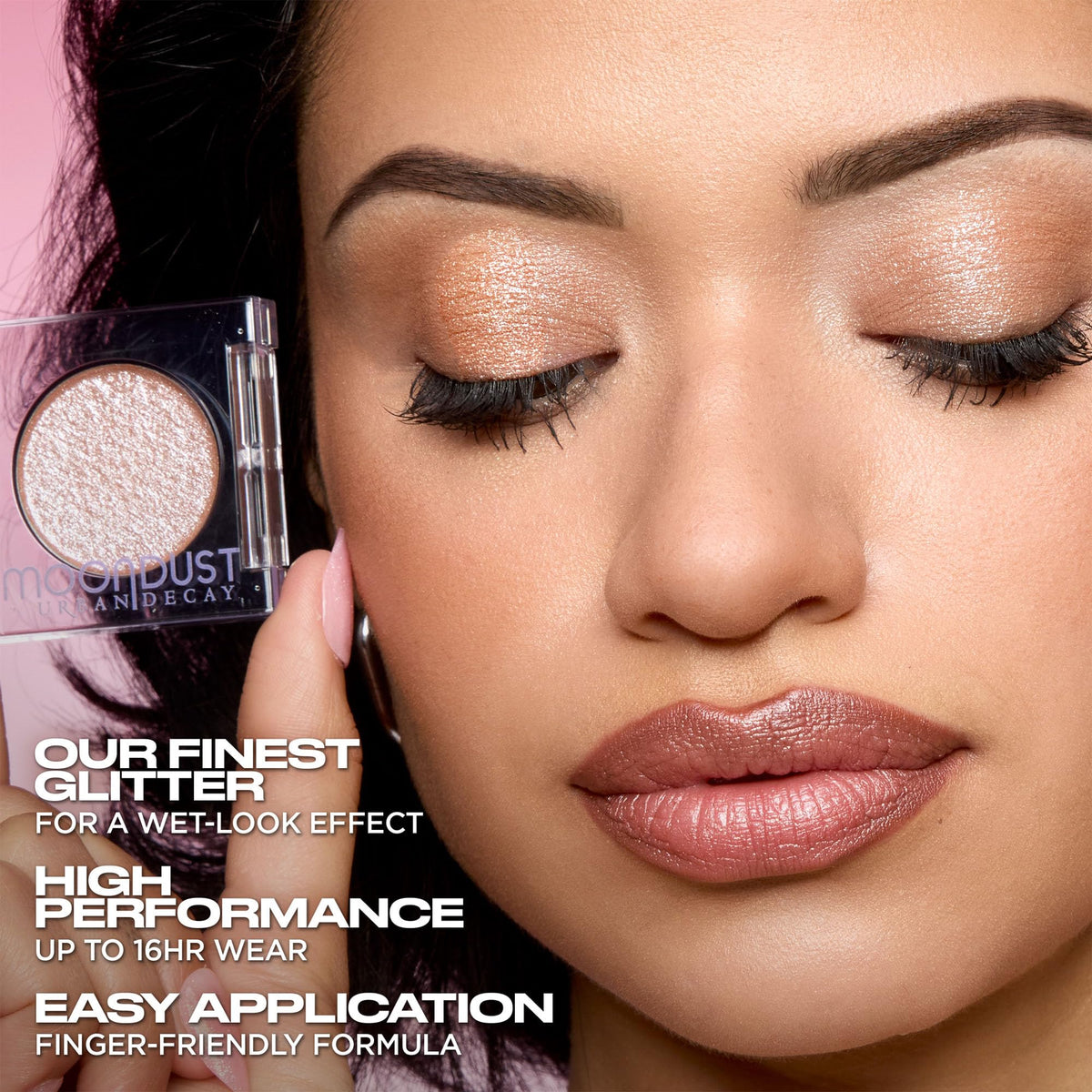 Urban Decay pressed pan texture showing reflective finish and buildable shimmer