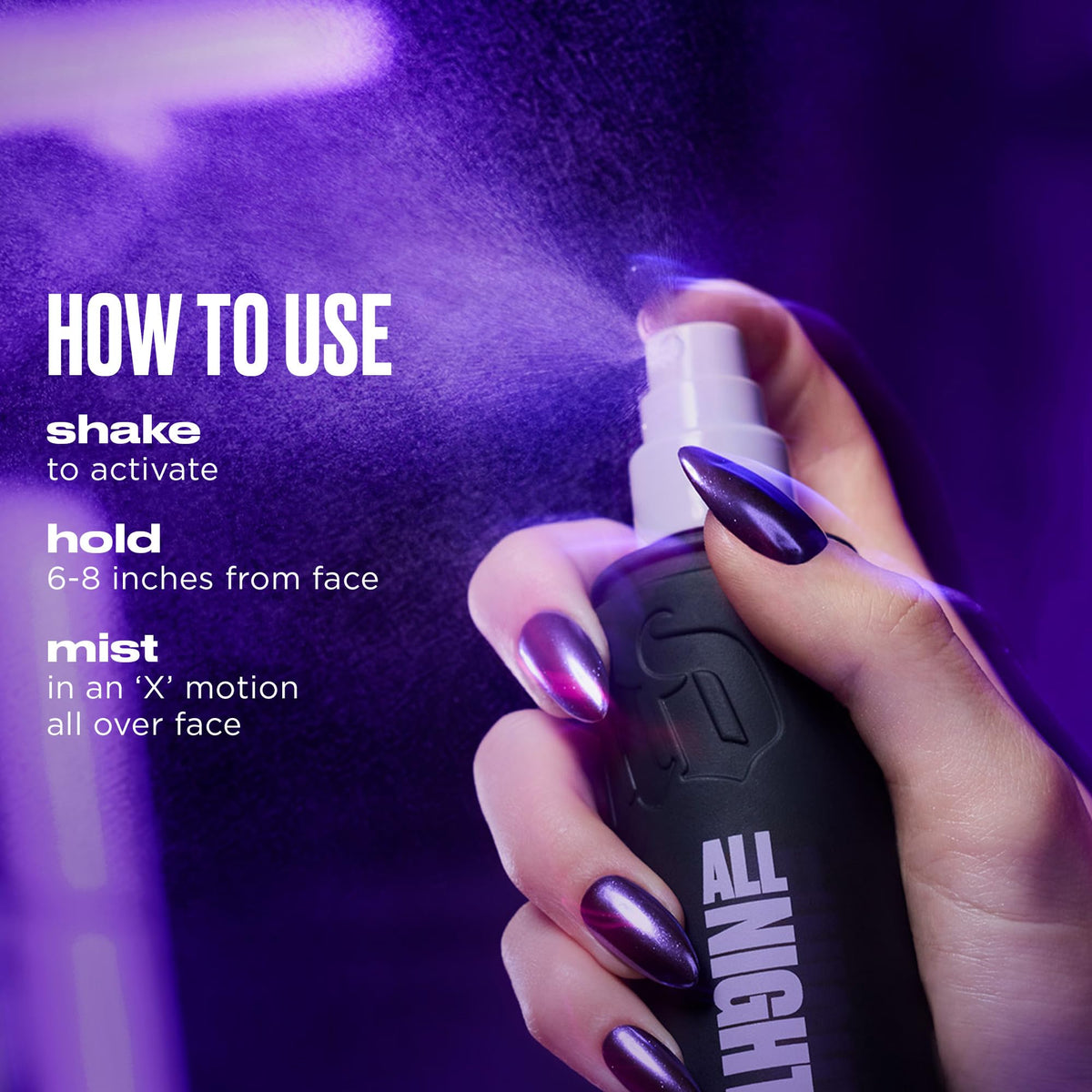 Lifestyle scene of Urban Decay setting spray finishing a full makeup look