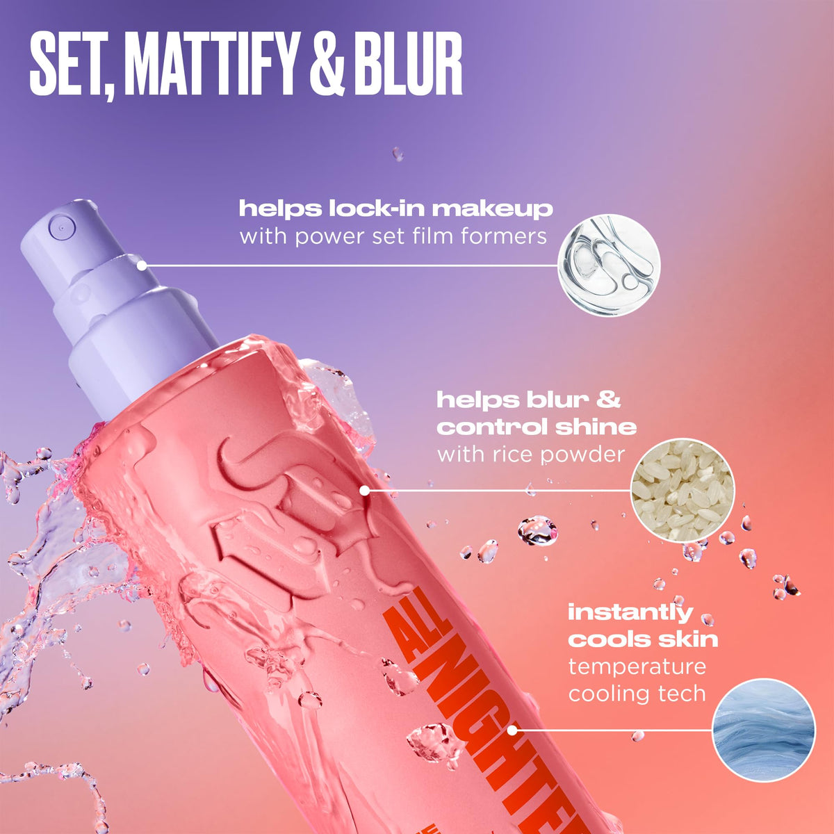 Urban Decay spray mid-application demonstrating X and T motion for lasting hold