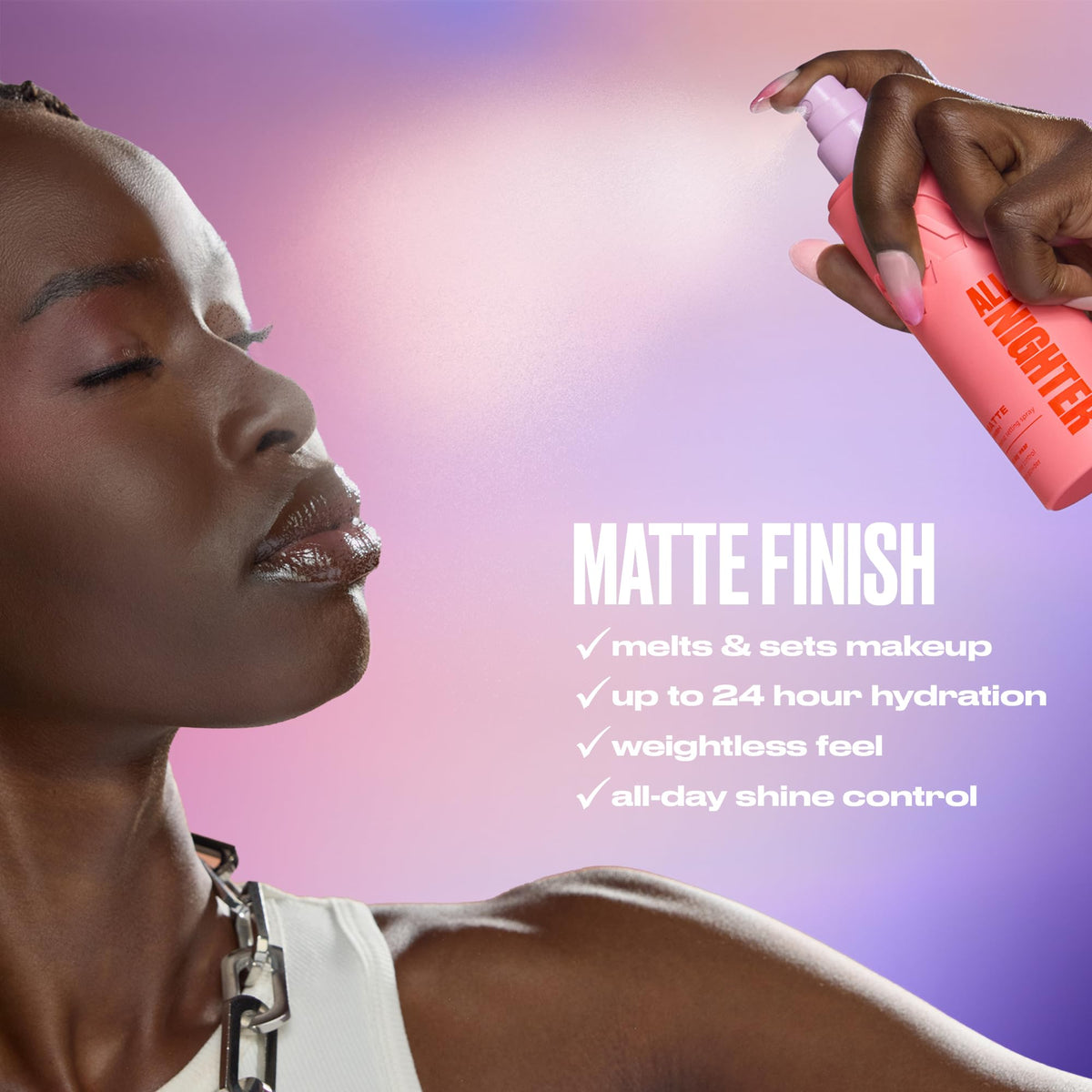 URBAN DECAY artist spraying model to demonstrate smudge-resistant hold