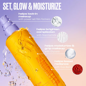 Urban Decay mist landing on skin for dewy glass-skin radiance