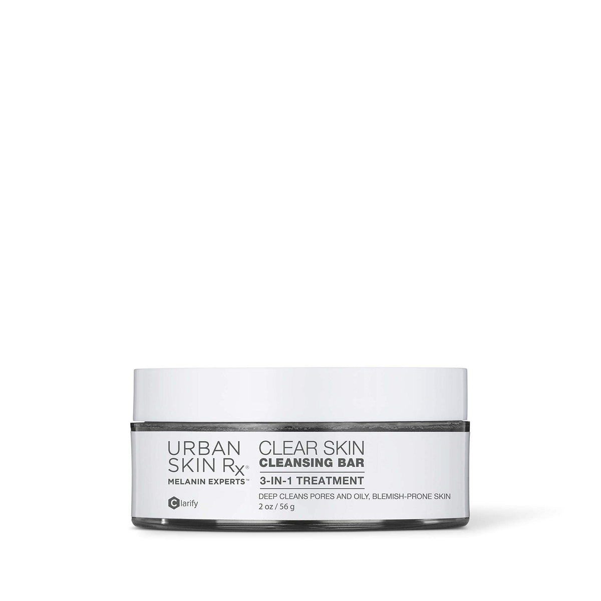 Urban Skin Rx front packaging showing compact treatment bar, helps clarify skin