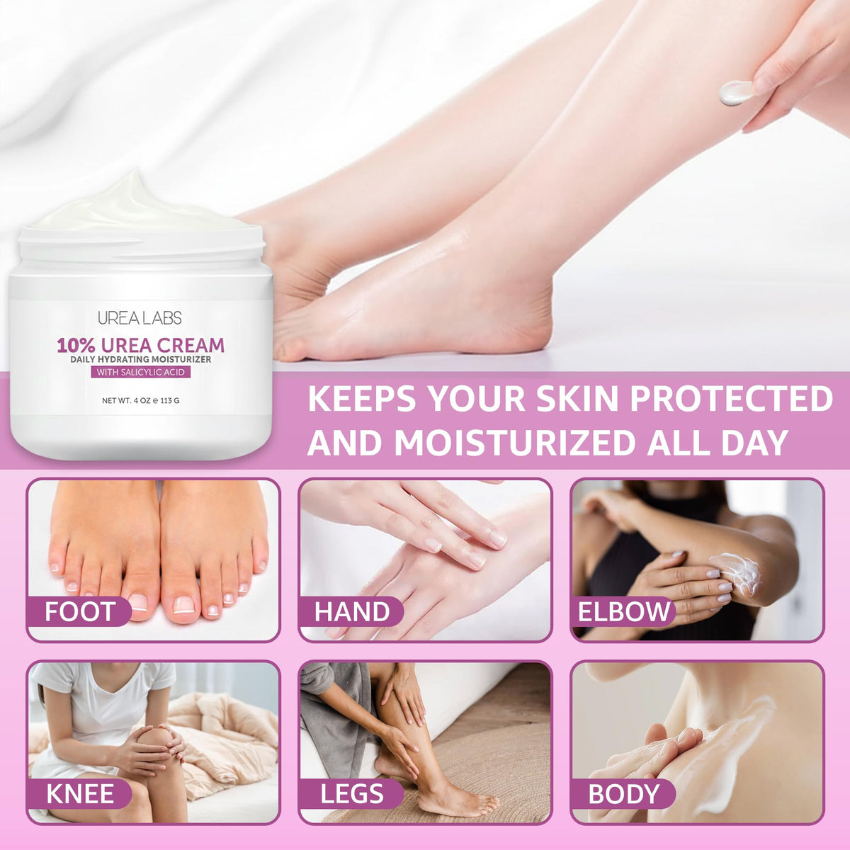 UREA LABS aloe vera and jojoba oil next to jar highlighting soothing and nourishing benefits