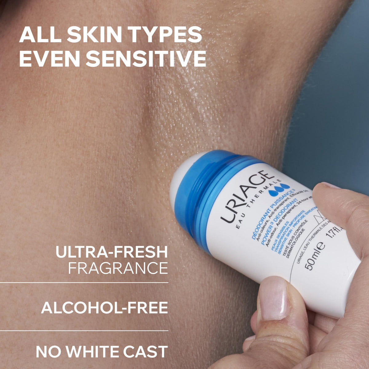 Uriage clear finish on underarm skin illustrating invisible protection and comfort