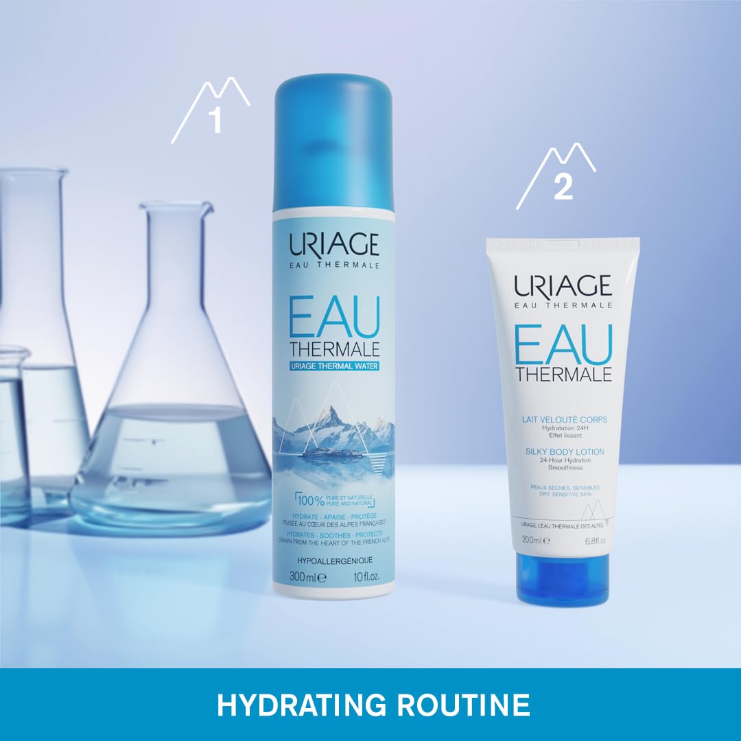 Uriage bottle inside travel bag emphasizing convenient multi-purpose use