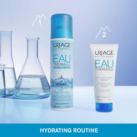 Uriage bottle inside travel bag emphasizing convenient multi-purpose use