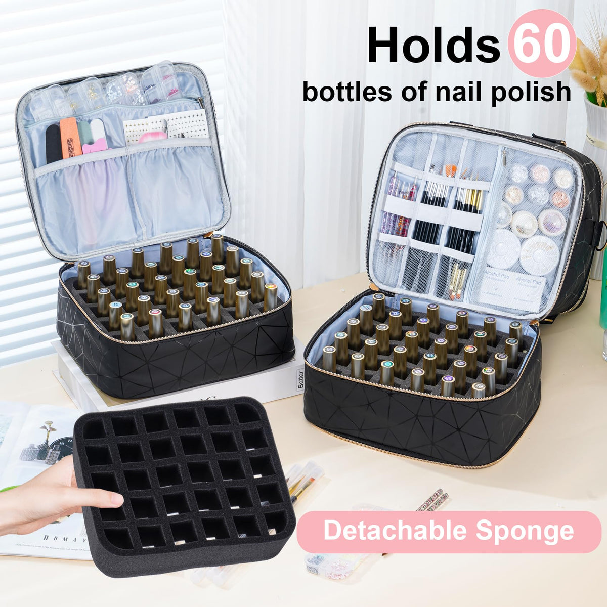 Uross top compartment with nail lamp and tools for quick access