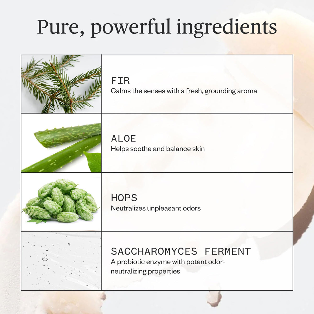 Ursa Major Forest Fix ingredients display with hops and kaolin clay showing natural odor control benefit