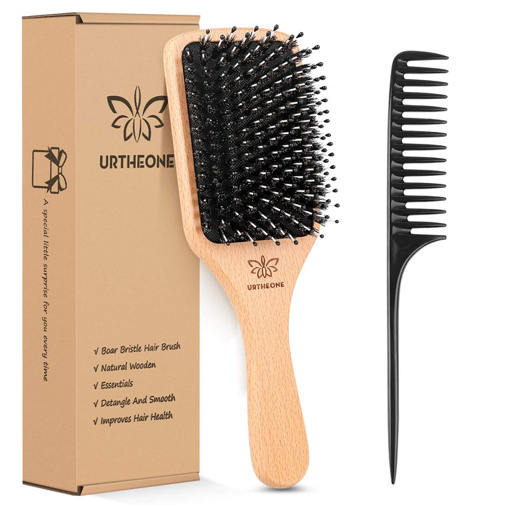 URTHEONE paddle brush front view showing polished wood and bristles for smoother hair
