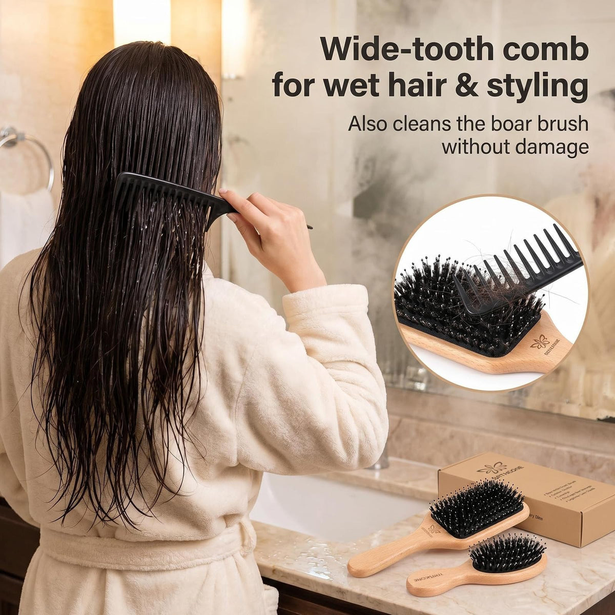 URTHEONE in-use brushing wet hair demonstrating gentle detangling and reduced pulling benefit