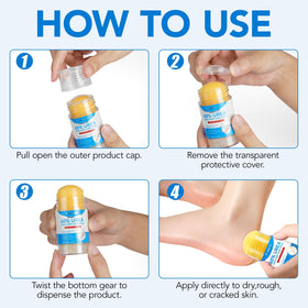 Uruses in bathroom lifestyle setting conveying daily foot care routine