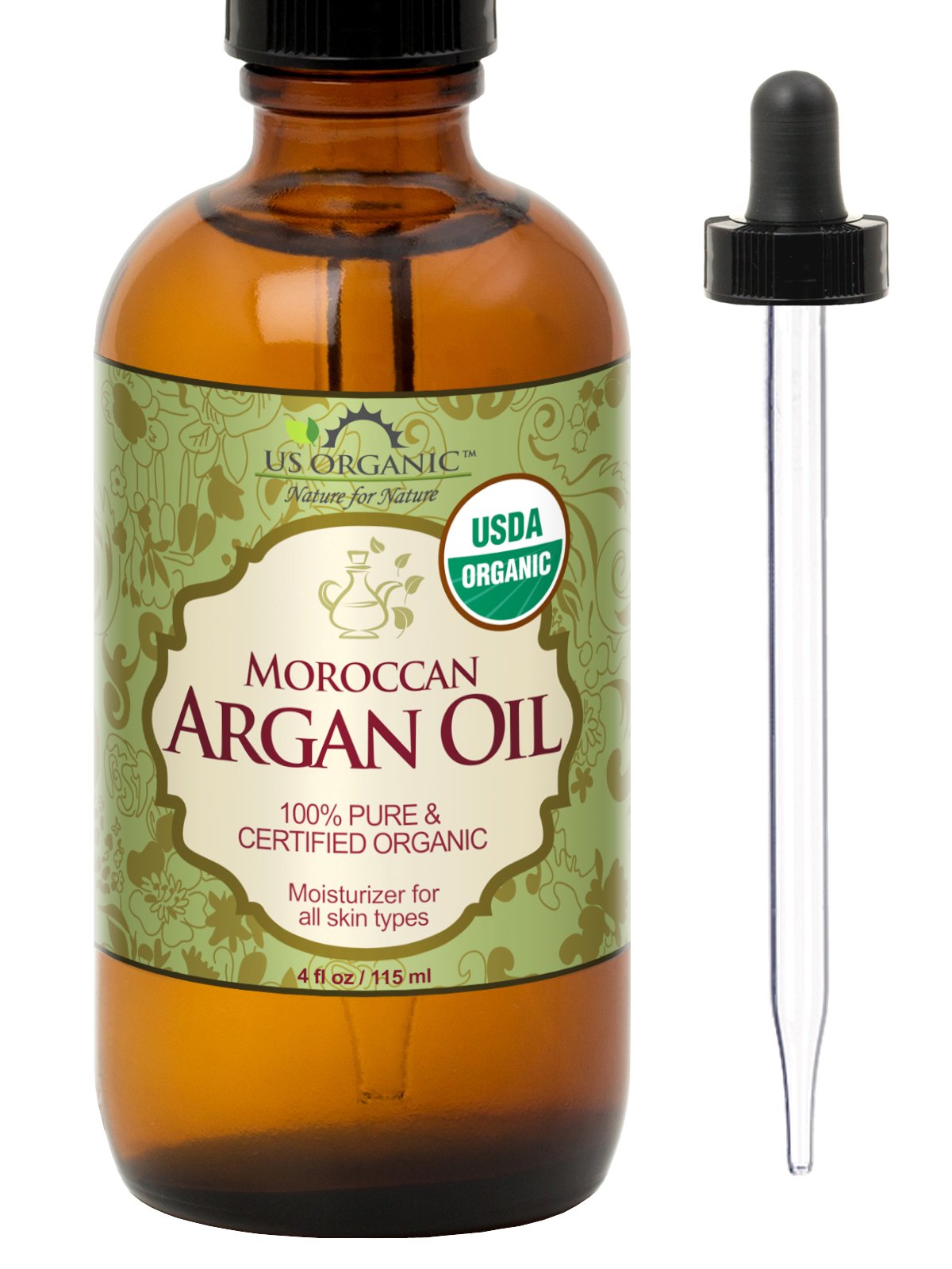 US Organic amber bottle front showing pure argan oil protecting quality