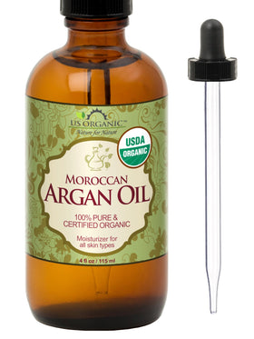 US Organic amber bottle front showing pure argan oil protecting quality