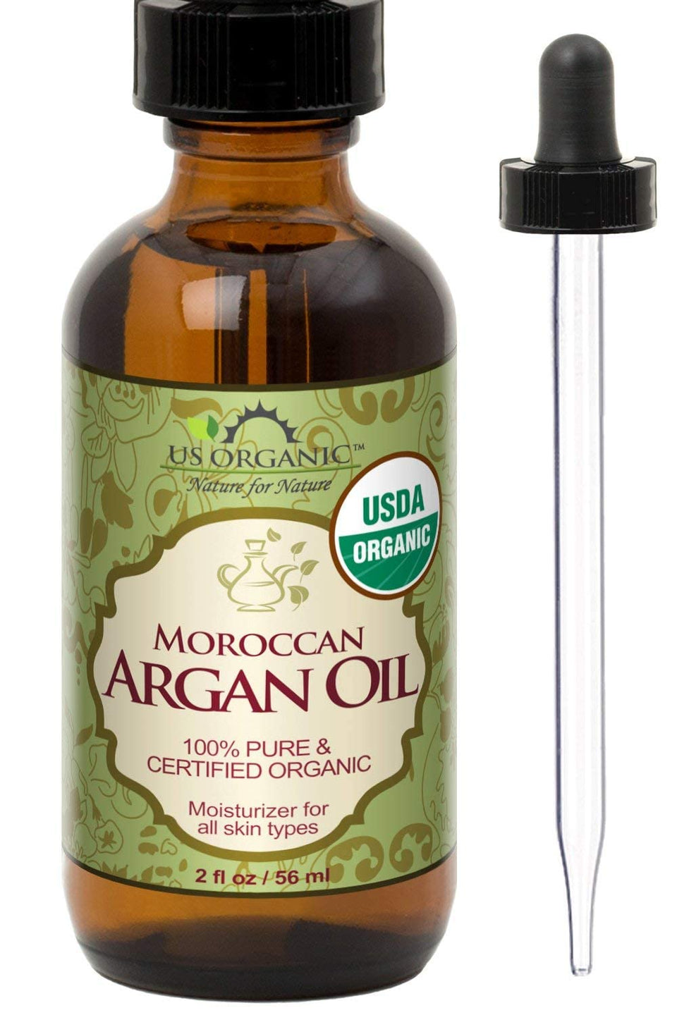 US Organic amber bottle front showing pure argan oil benefits