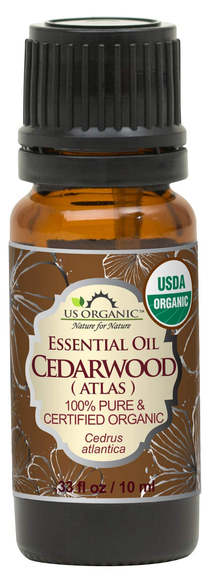 US Organic cedarwood front packaging showing bottle and label, highlights purity