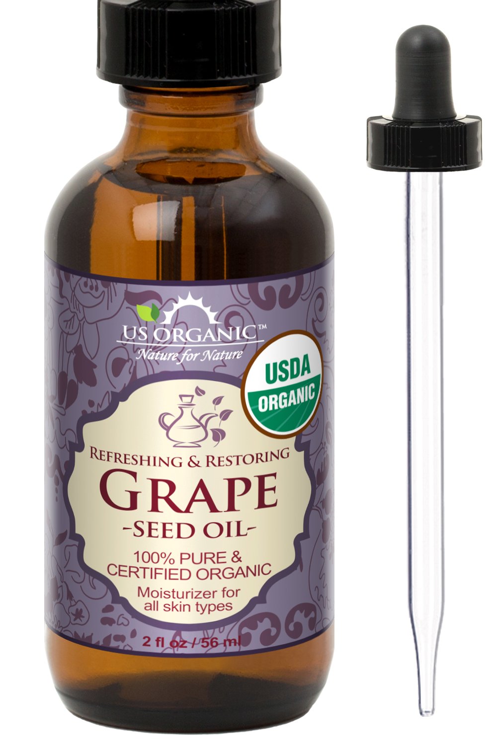 US Organic amber bottle front view showing certified organic packaging benefit