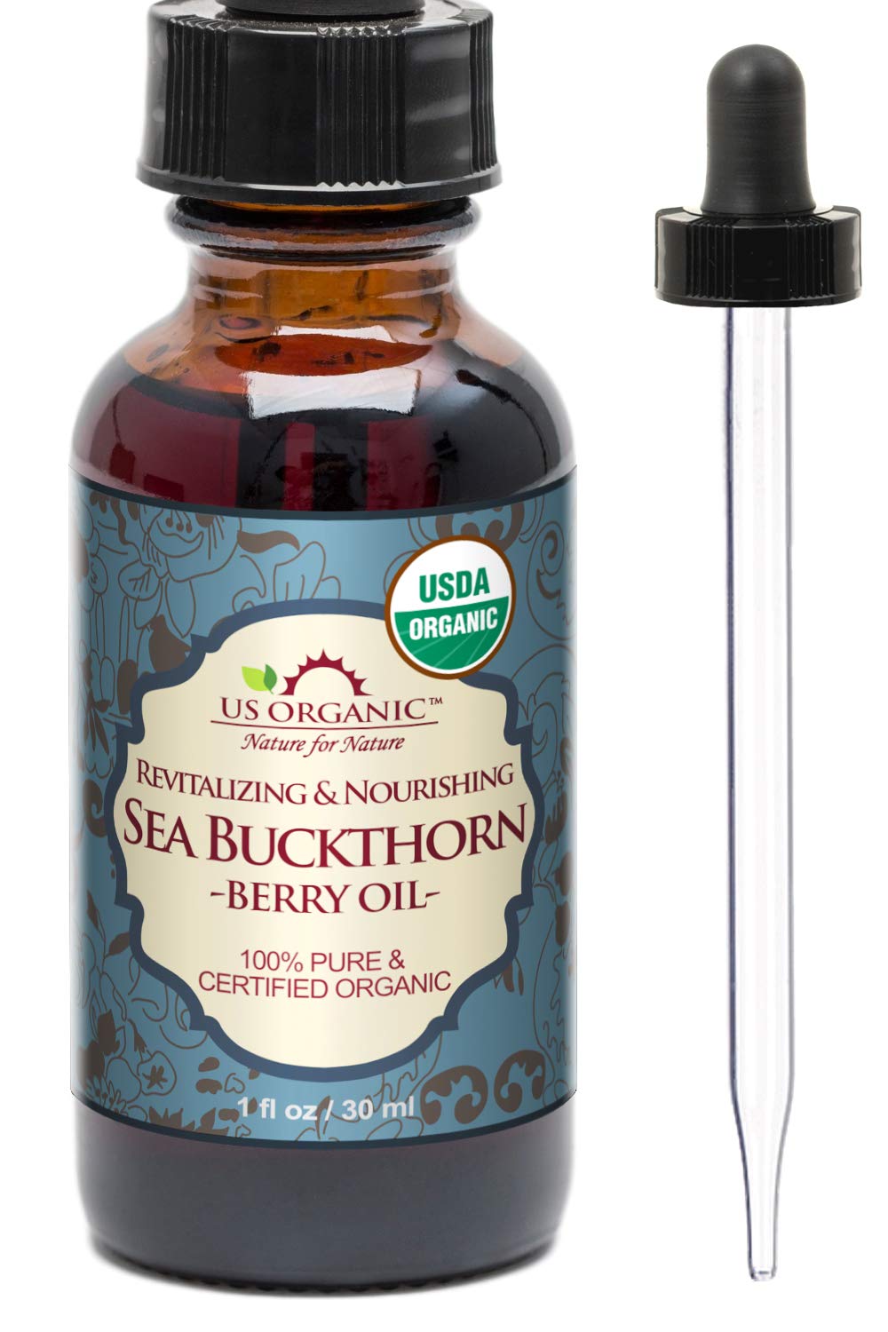US Organic front bottle view showing amber glass and organic label, conveys purity