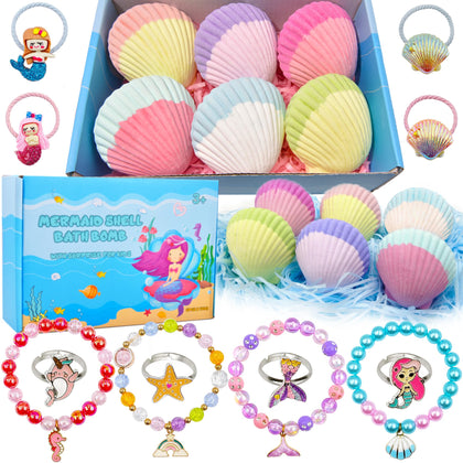 usand front packaging showing six wrapped mermaid bath bombs and vibrant box, ideal gift