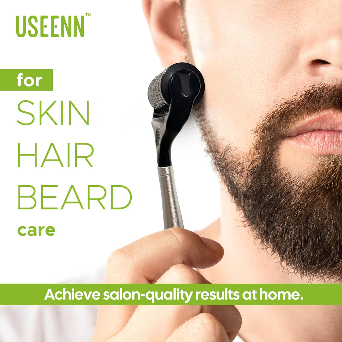 USEENN derma roller in use on scalp demonstrating larger coverage benefit