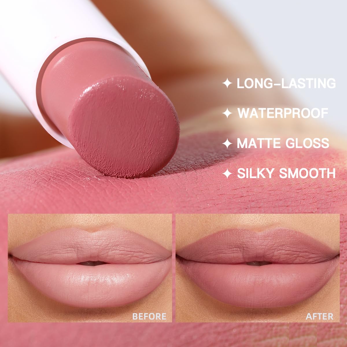 USHAS application demo on lips demonstrating precise lining and full-fill matte benefit