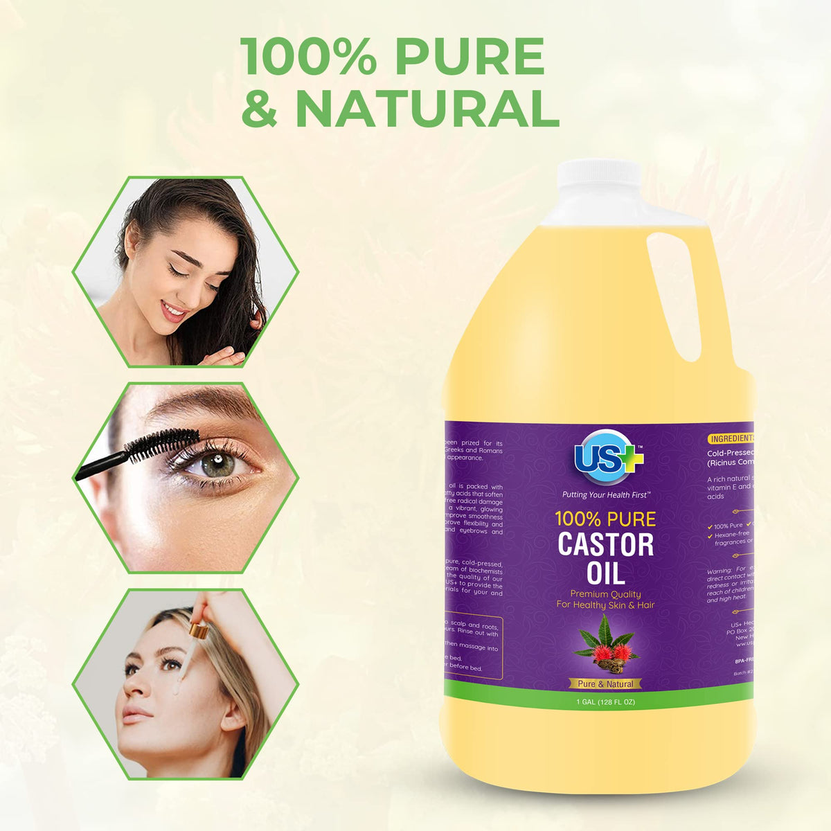 US+ castor oil close-up texture showing thick, nourishing oil consistency