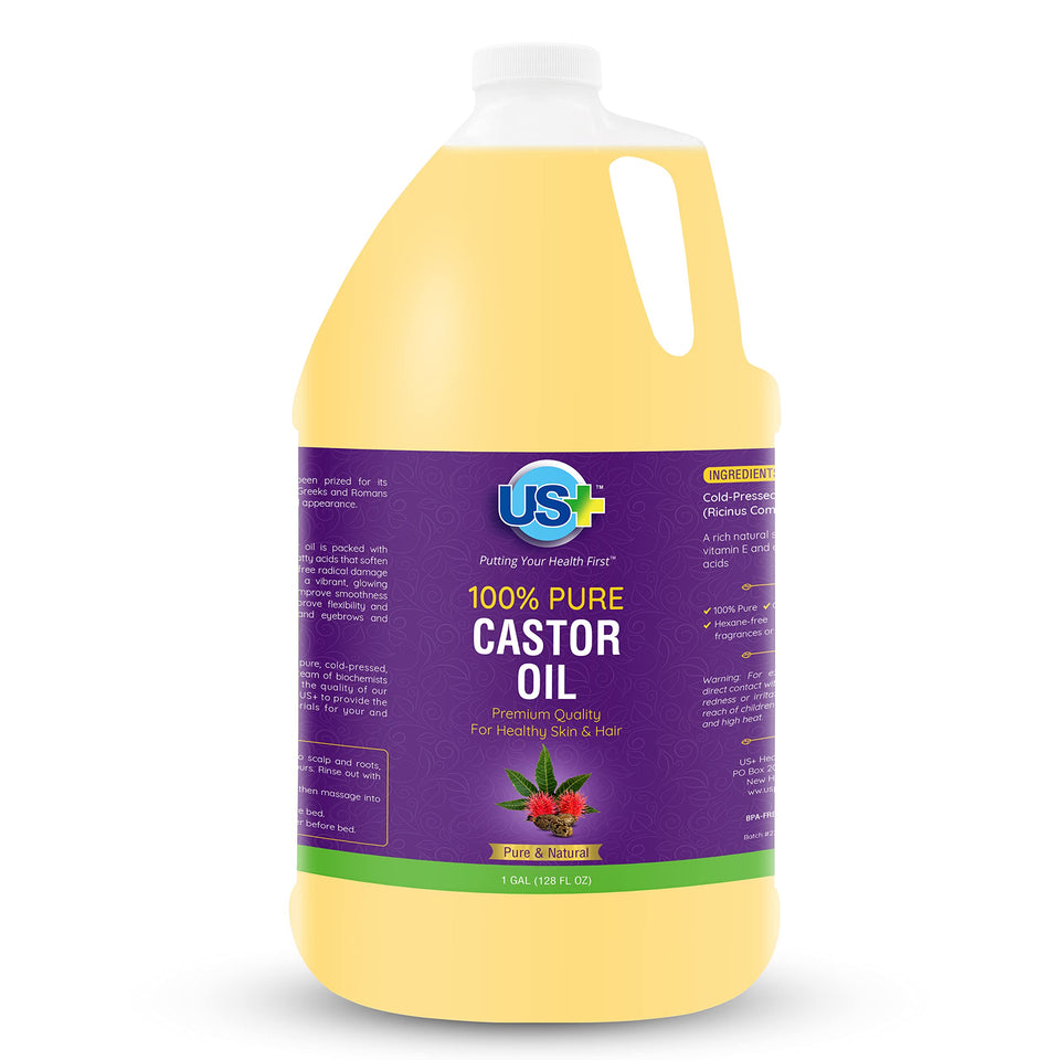 US+ castor oil gallon front label showing product identity and benefits