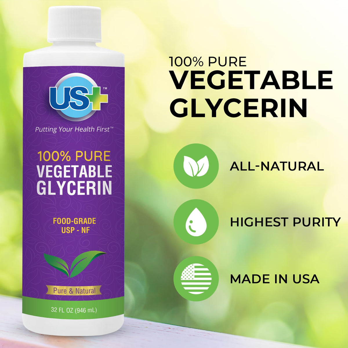 US+ clear vegetable glycerin pouring to show smooth, pure texture benefit