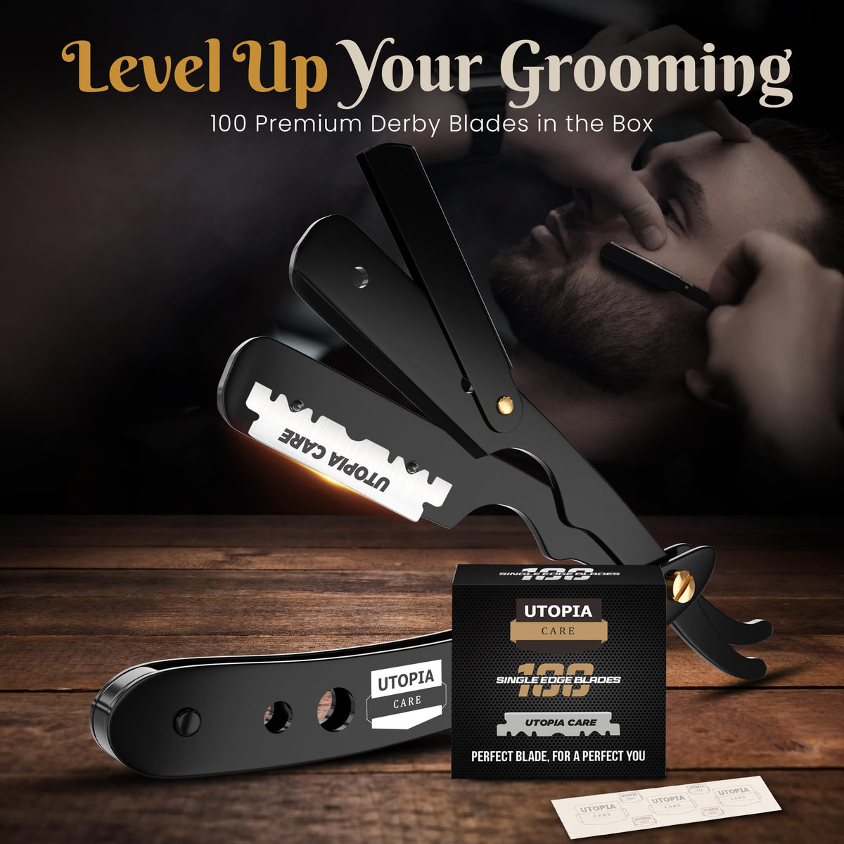 Utopia Care razor in shaving setup demonstrating professional grooming benefit