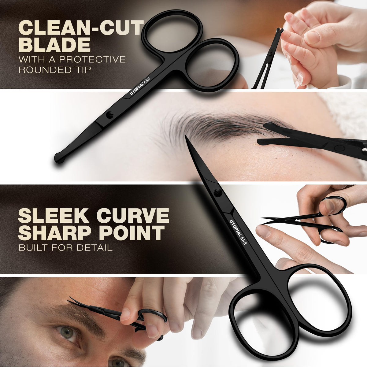 Utopia Care rounded-tip scissor detail for safe trimming near eyes and nose benefit