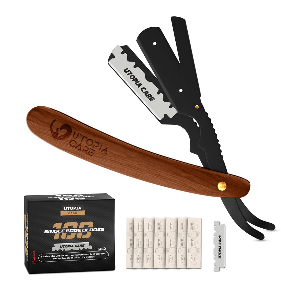 Utopia Care straight razor front view showing dark brown wooden handle and blade — precise grip