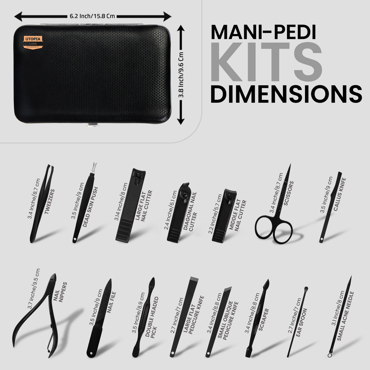 Utopia Care open case displaying organized 16-piece manicure and pedicure tools