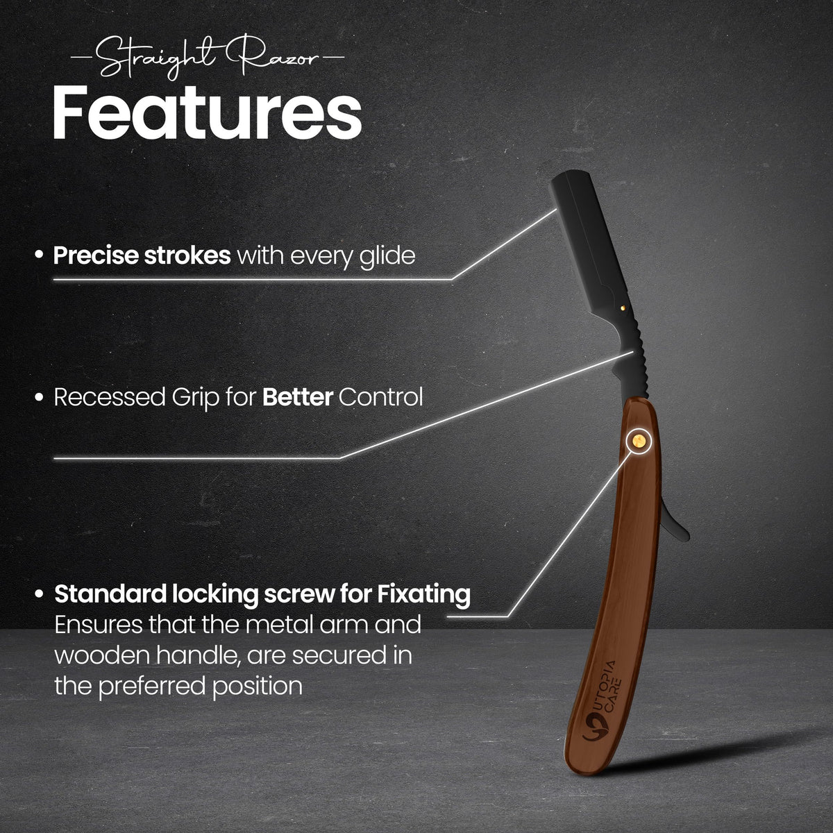Utopia Care wooden handle close-up highlighting grain and ergonomic shape — improved control