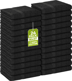 Utopia Towels front pack view shows neat black towels, professional look