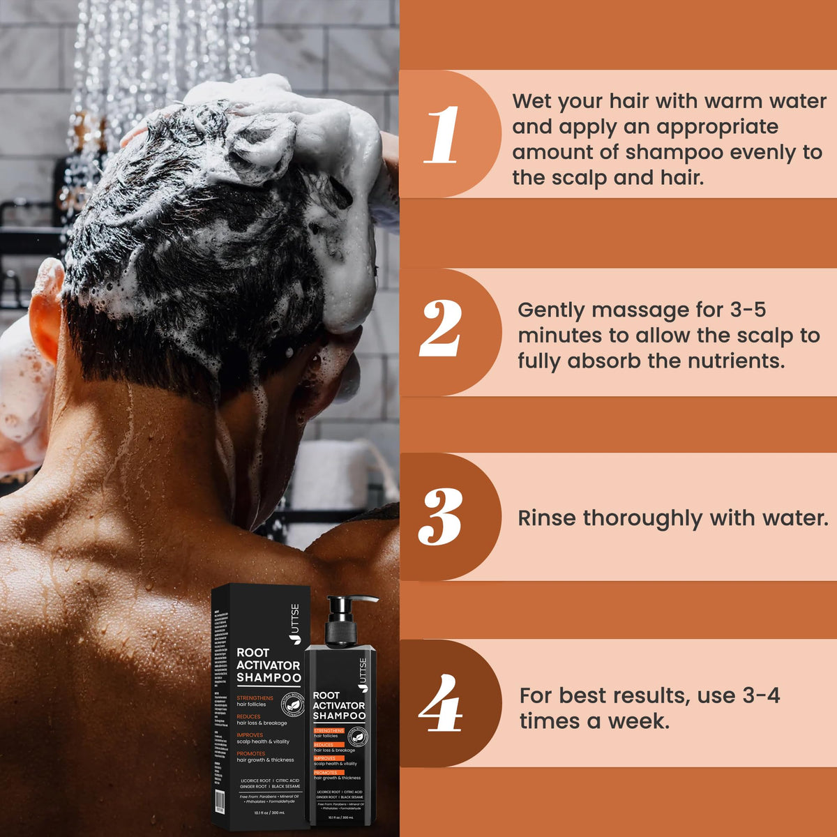 Uttse shampoo applied to scalp showing easy massage and nourishment