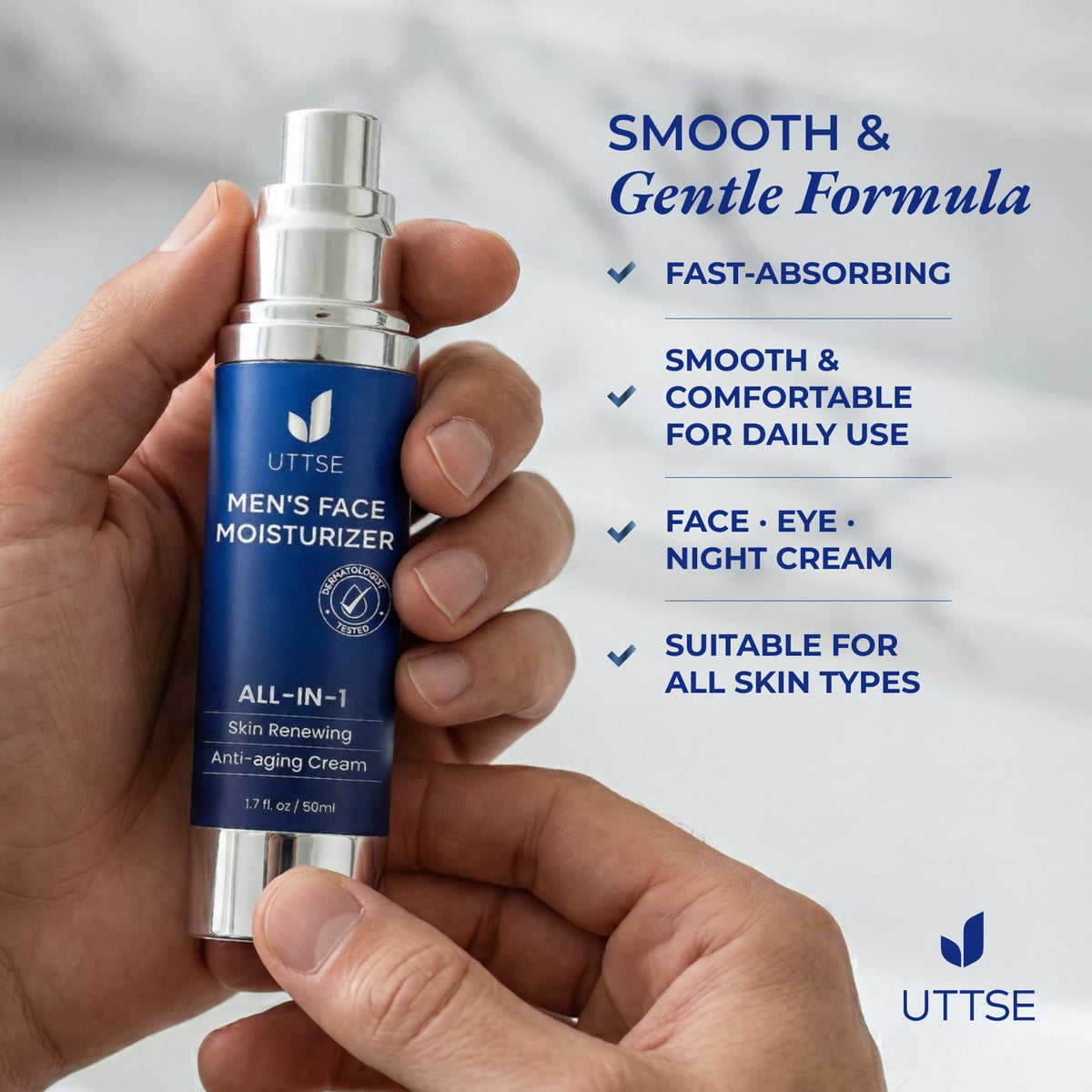 Uttse ingredient flatlay listing hyaluronic and alpha-arbutin benefits