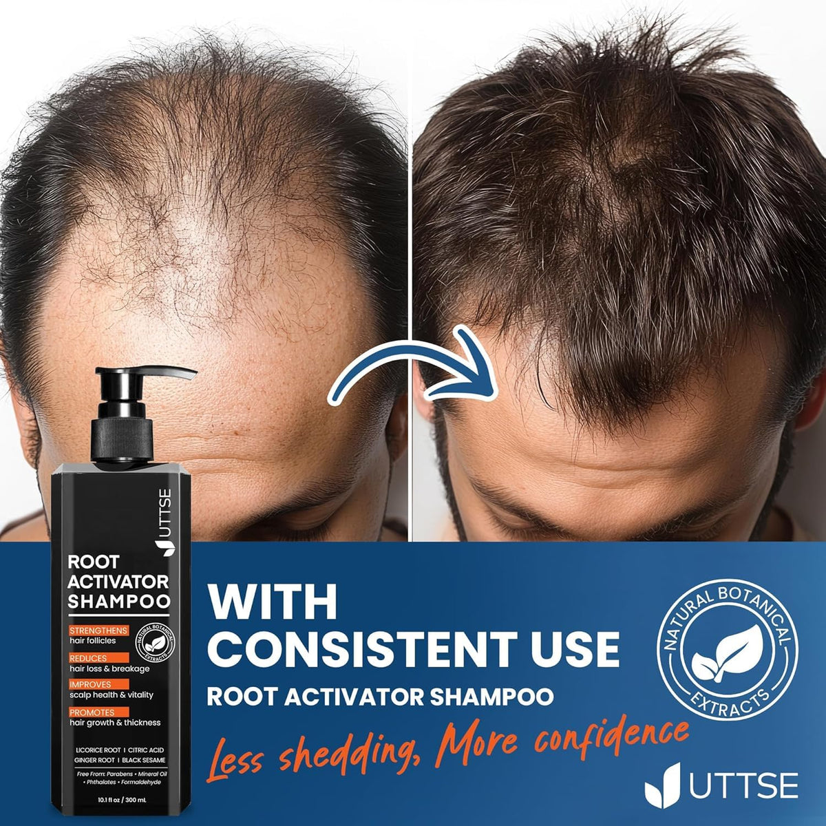 Uttse shampoo on bathroom shelf in lifestyle scene promoting a grooming routine