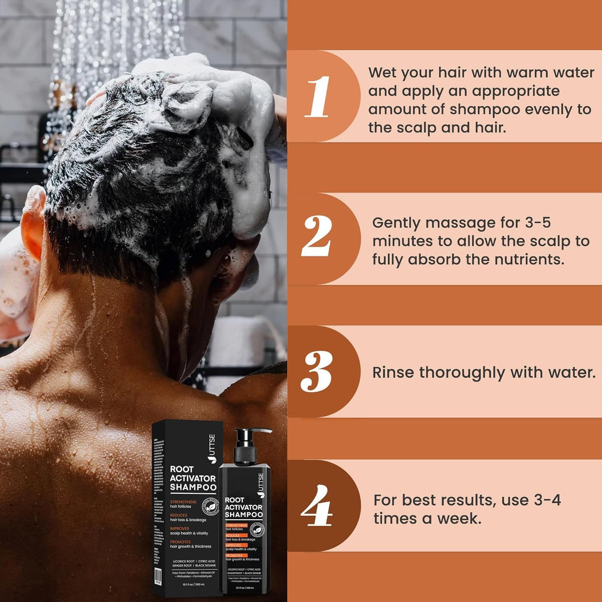 Uttse shampoo in-use during shower showing scalp massage benefit