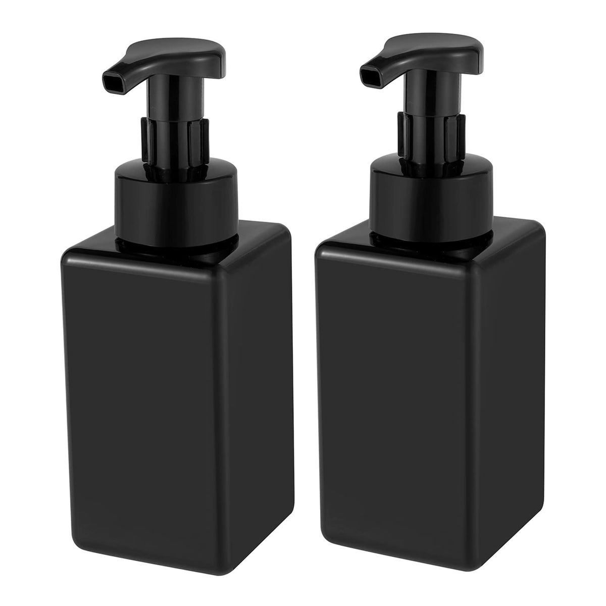 UUJOLY front view of two black 15oz foaming dispensers showing durable PETG and sleek finish
