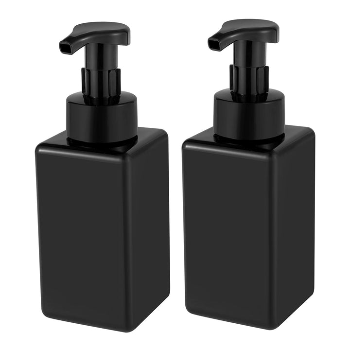 UUJOLY front view of two black 15oz foaming dispensers showing durable PETG and sleek finish