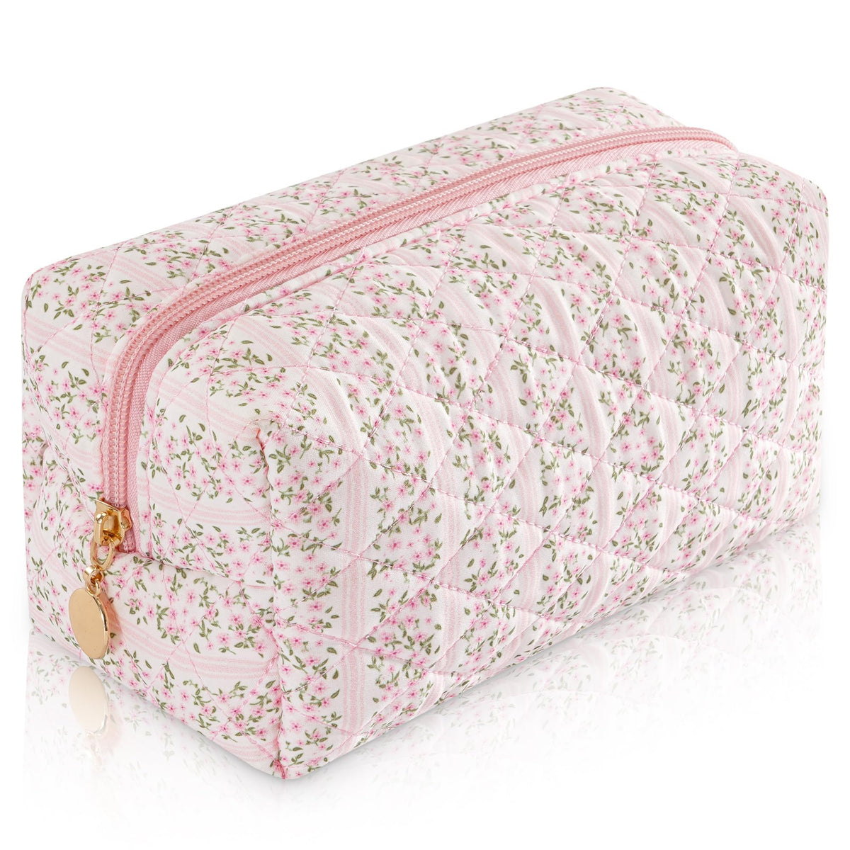UUYUUY front view of pastel pink cosmetic bag showing cute quilted floral design and portability