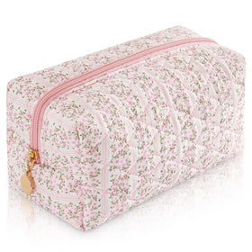 UUYUUY front view of pastel pink cosmetic bag showing cute quilted floral design and portability