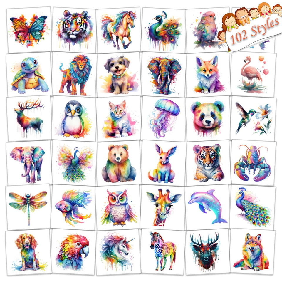 UVUXO front packaging showing 102 watercolor animal tattoos and benefit of variety